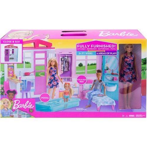 Coffret Barbie Maison Transportable + Piscine + 1 Poupée Mannequin + 20 Accessoires - Set Mobilier + 1 Carte Offerte