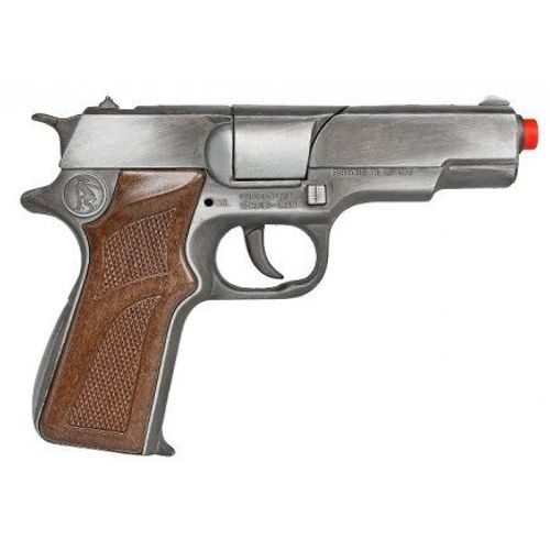 Pistolet Police Metal Gris Argent 17 Cm, Amorces 8 Coups - Jouet Enfant Policier - Deguisement, Imitation - Set Accessoire Et Carte