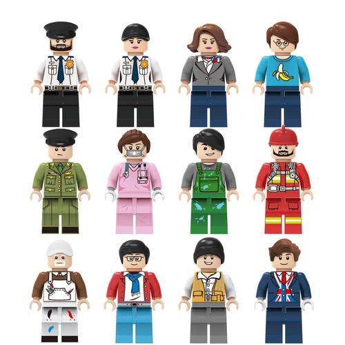 12pcs Urban Occupational Figurine Small Particle Cartoon Block Nurse Fireman Police Racer