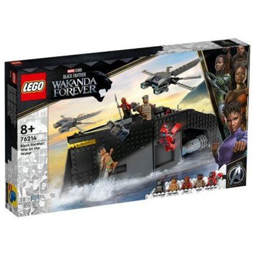 LEGO 76214 La Guerre sur l'Eau - Navire, Bateau Black Panther - Avec 5 Minifigs super héros film - Set Jeu construction et carte