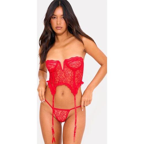 Ensemble De Lingerie Avec Corset À Armatures Rouge En Dentelle Volantée, Xs