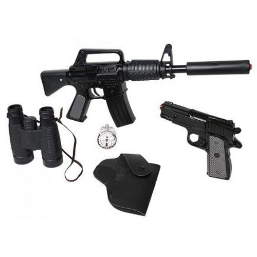 Set Police Forces Speciales Swat Metal Noir 8 Coups : Fusil Mitraillette + Pistolet + Accessoires (Jumelles, Insigne, Etui) - Jeu Imitation Enfant