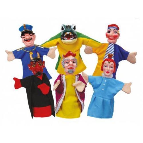 Set 6 Marionnettes A Main Theatre Enfant - Personnages : Guignol, Gendarme, Roi, Princesse, Diable, Crocodile - Tissu, Plastique - Jouet Educatif