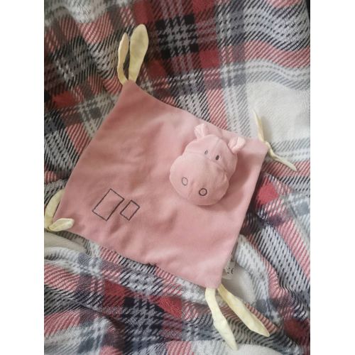 Doudou Plat Hippopotame Rose Brodé Rectangle Tissu Jaune Sidj Tigex
