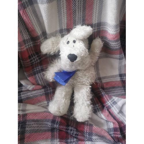 Peluche Marionnette Chien Fox Comme Milou Blanc Poils Mi Longs Ecru Cravate Bleue Satin Russ Berrie Vintage