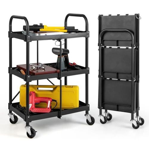 COSTWAY Servante d?Atelier Pliant à Rouletteà 3 Niveaux de Stockage Chariot à Outils 4 Rainures et Mains Courantes Charge 45 kg Noir