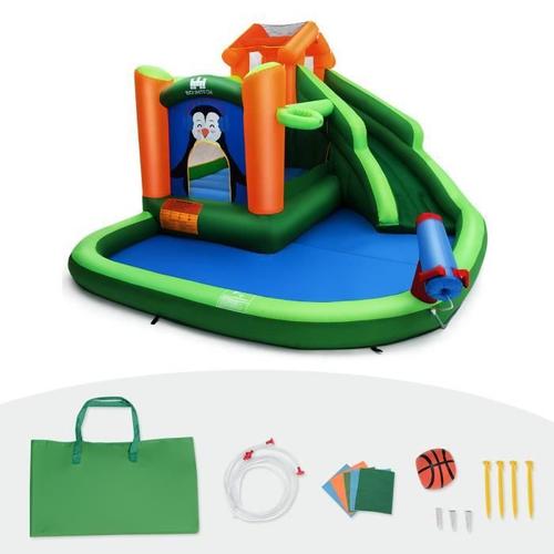 Costway Château Gonflable Pour Enfants 3-10 Ans Motif De Pingouin Avec Toboggans Aquatiques,Canon À Eau,Panier De Basket-Ball Vert