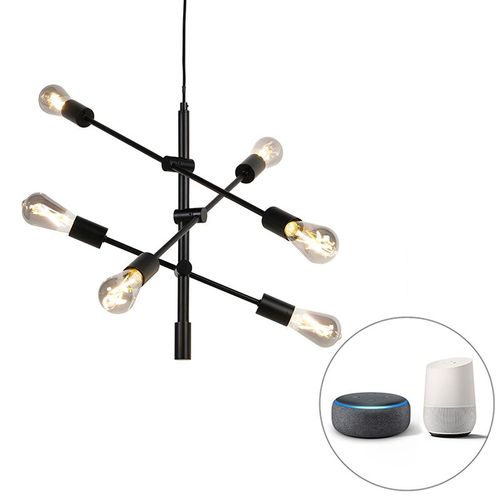 Qazqa Industriel /Moderne /Design Lampe À Suspension / Lustre / Luminaire / Lumiere / Éclairage Industrielle Intelligente Noire Avec 6 Wifi St64 - Sydney Acier Noir Autres / Intérieur /...