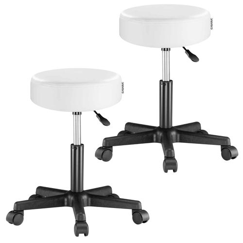 2x Tabouret Blanc À Roulettes 56cm Rembourré Et Réglable
