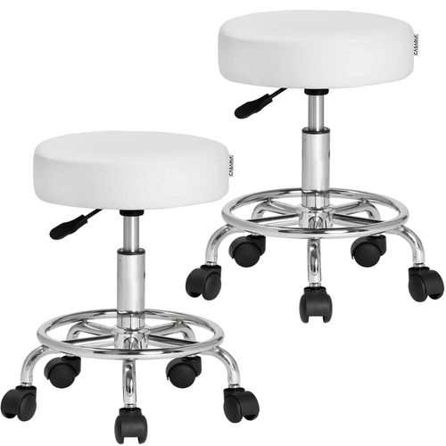 2x Tabouret Blanc À Roulettes 56cm Rembourré Et Réglable