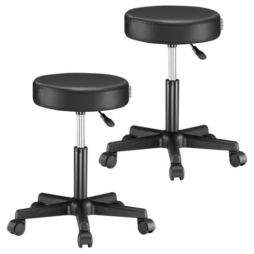 2 Pcs Tabouret Noir À Roulettes 56cm Rembourré Et Réglable