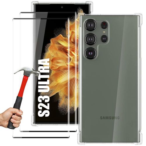 Coque Pour Samsung Galaxy S23 Ultra Transparent 4 Coins Renforcés + 2 Verres Trempés - E.F.Connection