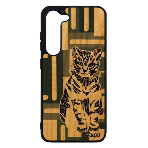 Coque En Bois Chat S23 Silicone Mignon Cubique Portable Design Tigré Chaton Ethnique Gris Petit Garcon Dessin De Luxe Samsung Galaxy