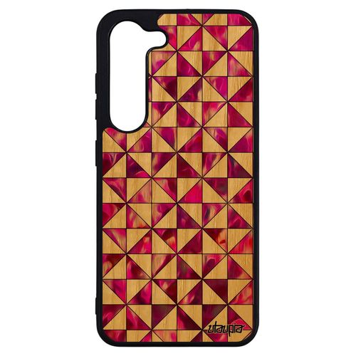 Coque Silicone Antichoc Samsung Galaxy S23+ Plus En Bois Et Design Carreau Fond Artisanat Telephone Rose Geometrie Motif Tpu Losange