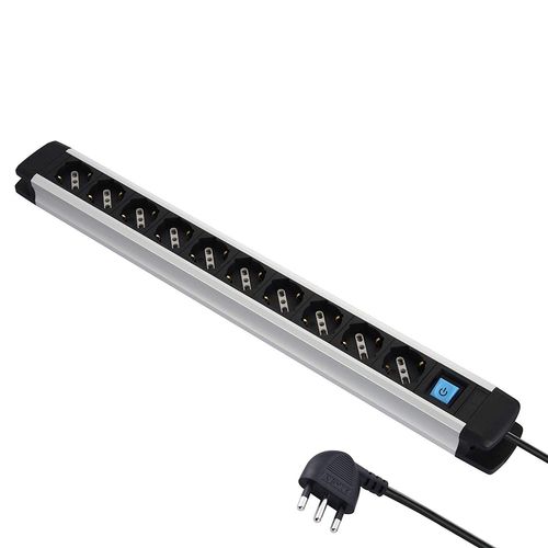 Electraline 61903, Multiprise Alu-Line 10 prises polyvalentes (Schuko+10/16A) et 1 interrupteur lumineux, 2M, avec corps en aluminium