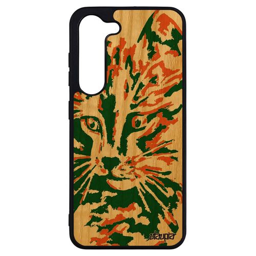 Coque Silicone Telephone Samsung Galaxy S23+ Plus En Bois Et Chat Chaton Matou Vert Dessin Portable Peinture Mignon Fantaisie Colore