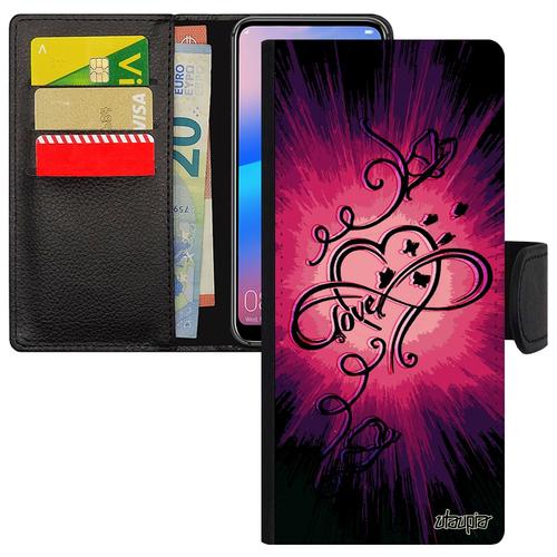 Coque Infini Love S23 Ultra Cuir Rabat Porte Cartes Papillon Dessin Noir Espoir Personnalisé Illimité Coeur Soleil De Samsung Galaxy