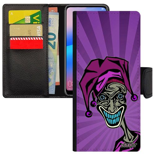 Coque Joker S23 Ultra Simili Cuir Rabat Portefeuille Design Smartphone Bande Dessinée Humour Visage Clown Violet Noir Samsung Galaxy