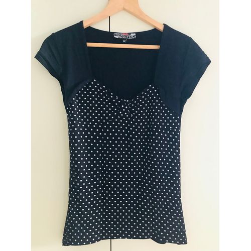 Tee Shirt Noir Et Pois Blancs Effet Boléro, Joli Décolleté Avec Fronce Taille S-M
