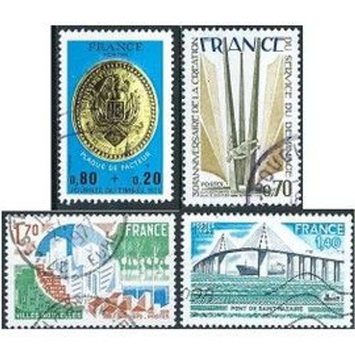 France 1975, Beaux Timbres Yvert 1838 Journée Du Timbre, Plaque De Facteur, 1854 Service De Déminage, 1855 Villes Nouvelles, 1856 Pont De Saint Nazaire, Oblitérés, Tbe