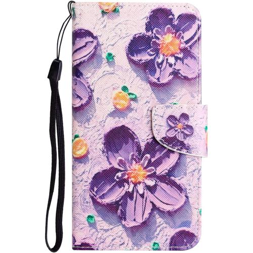 Coque Pour Téléphone Portable Samsung Galaxy A20e,Pochette En Cuir Synthétique Clapet Antichoc Magnetic Carte Fentes Bourse Housse Etui Avec Motif Fleurs Pourpres