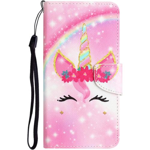 Coque Pour Téléphone Portable Xiaomi Redmi Note 7/Redmi Note 7 Pro,Pochette En Cuir Synthétique Clapet Antichoc Magnetic Carte Fentes Bourse Housse Etui Avec Motif Licorne