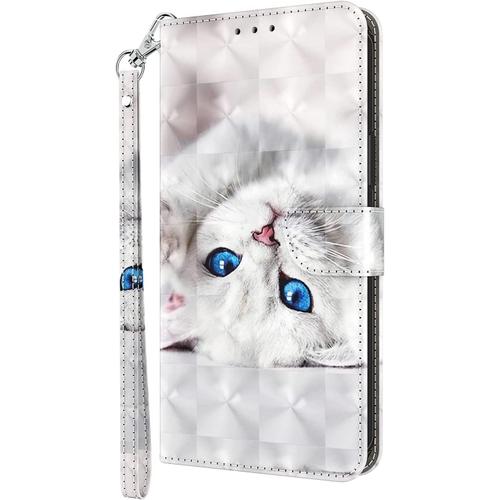 Pochette En Cuir Pour Téléphone Samsung Galaxy A53 5g,Coque Motif 3d Briller Clapet Antichoc Mince Tpu Wallet Etui Housse Avce Ranges Cartes Stand Aimanté,Chat Blanc