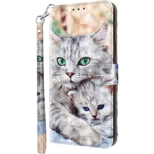 Pochette En Cuir Pour Téléphone Samsung Galaxy A22 5g,Coque Motif 3d Briller Clapet Antichoc Mince Tpu Wallet Etui Housse Avce Ranges Cartes Stand Aimanté,Grey Cat