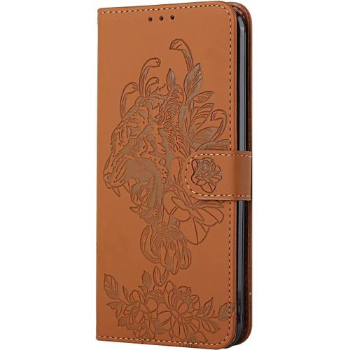 Étui À Rabat Et Folio En Cuir Pour Téléphone Apple Iphone 11 Pro,Coque Housse Portemonnaie Ultra-Mince Antichoc Avec Motif Embossed Fleur De Dinosaures Cover Pochette-Marron