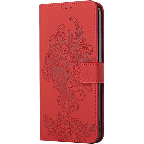 Étui À Rabat Et Folio En Cuir Pour Téléphone Apple Iphone 11 Pro,Coque Housse Portemonnaie Ultra-Mince Antichoc Avec Motif Embossed Fleur De Dinosaures Cover Pochette-Rouge