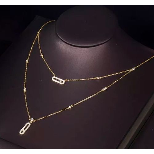 Collier Trombone En Acier Inoxydable Pour Femmes Couleur Or Double Couche Pendentif Trombone Zircon Aaa Strass.