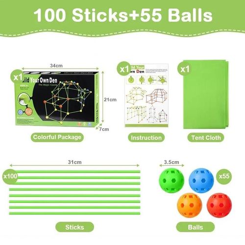 Analyste De Construction De Forts Pour Enfants,Châteaux Créatifs,Kit De Bricolage,Ensemble De Construction De Fort,Tente De Jeu,Jouets D'intérieur Et D'extérieur,221 Pièc - Type 100 Sticks 55 Balls
