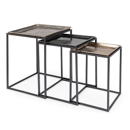 Lot De 3 Tables D'appoint Carrées En Aluminium Gris, Noir Et Doré