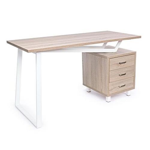 Bureau 3 Tiroirs 140x60x76 Cm Décor Chêne Naturel Et Blanc