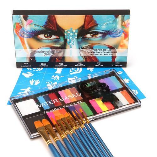 Peinture Corporelle, Palette De Maquillage Enfants, Peinture Pour Le Visage, 10 Couleurs Palette De Tatouage De Peinture À I'huile, Sûr, Pour Halloween, Noël, Carnaval, Soirées À Thème Bleu