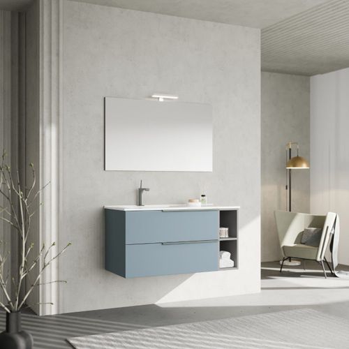Meubles De Salle De Bains Suspendus 100cm Bleu Clair, Lavabo Et Miroir Avec Lampe| New York