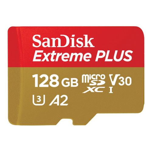 SanDisk Extreme PLUS - Carte mémoire flash (adaptateur microSDXC vers SD inclus(e)) - 128 Go - A2 / Video Class V30 / UHS-I U3 / Class10 - microSDXC UHS-I