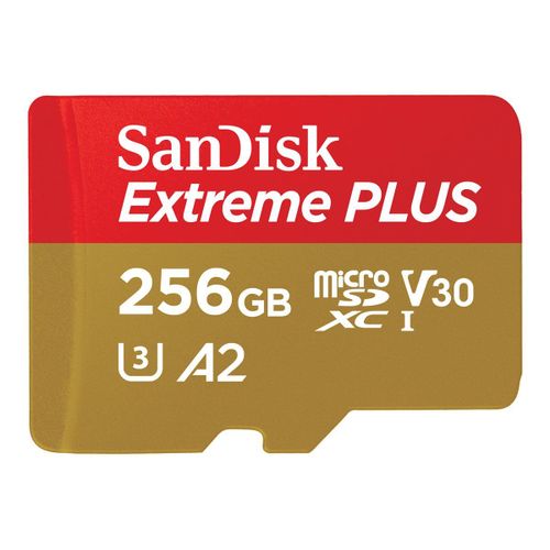SanDisk Extreme Plus - Carte mémoire flash (adaptateur microSDXC vers SD inclus(e)) - 256 Go - A2 / Video Class V30 / UHS-I U3 / Class10 - microSDXC UHS-I