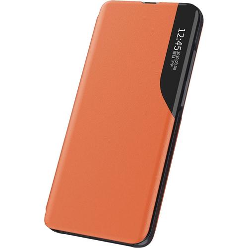 Antichoc Coque Pour Oppo Reno 6 5g,Étui Housse En Cuir À Rabat Avec Clear Afficher Fenêtre,Smart Wake-Up,Fonction Support Mirror Flip Case Cover,Orange