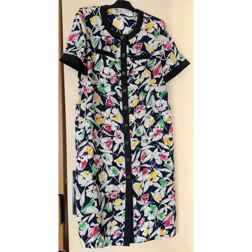 Robe Neuve Christian Michel Fluide Boutonnée Devant 48 Col Rond Motif Floral Manches Courtes