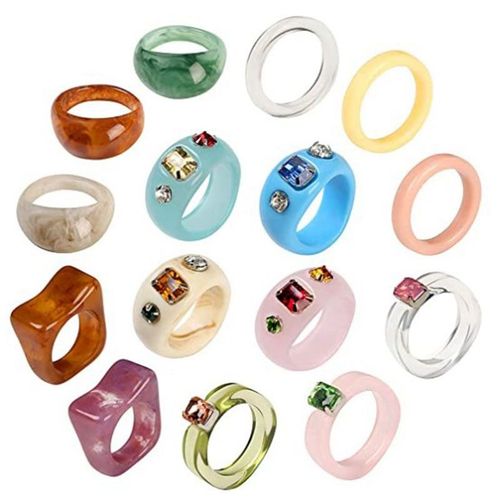 Bagues En Résine Acrylique, 15 Pièces, Anneaux Tendance, Strass Colorés, Bijoux En Plastique, Gemmes Carrées Empilables, Grosses Bagues