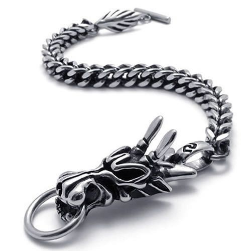 Bijoux Homme Bracelet Acier Inoxydable Dragon Motard Noir Argent