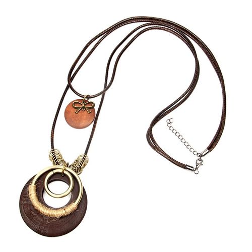 Double Pendentif Cire Corde Collier Ins Coton Et Lin Vêtements De Sport Accessoires Grand Cercle Bois Collier