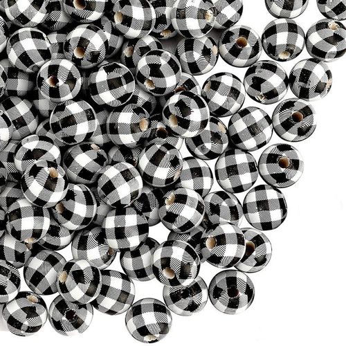 120 Pièces Noir Blanc À Carreaux Bois Perles Ferme Buffalo Perles En Bois Pour Guirlande Décoration Artisanat Bricolage Bracelet Fait Main