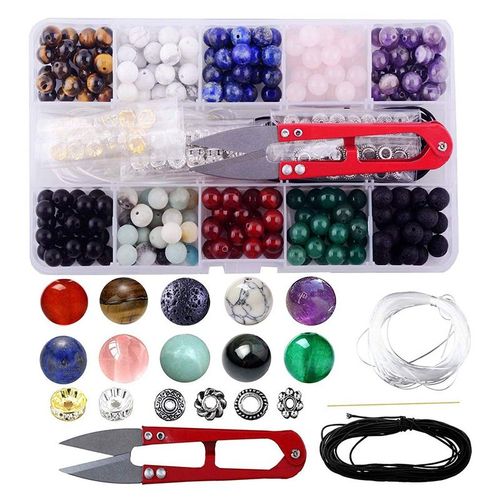 Gemme Perle Boîte Ensemble 240 Ronde Pierres En Vrac Naturel Améthyste Lave Mixte Couleur Bracelet Bijoux Fabrication Outil Kit