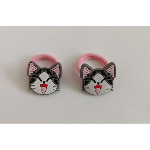 Lot De 2 Elastiques Tete De Chat Qui Rit Gris Et Rose.