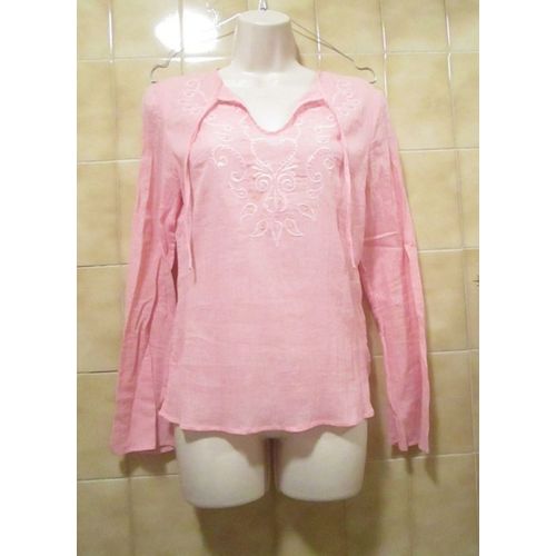 Blouse Chemisier Rose Style Bohème Avec Perles Et Lien, Escandelle, T. 38