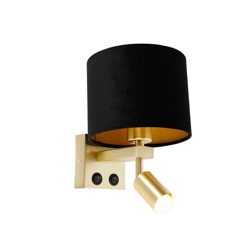 Qazqa Moderne Wandlamp Messing Met Leeslamp En Kap 18 Cm Zwart - Brescia Acier /Tissu Dorã©/Laiton,Noir Rond /Carrã© / Lampe De Lecture / Luminaire / Lumiere / ÃClairage / Intã©Rieur /...