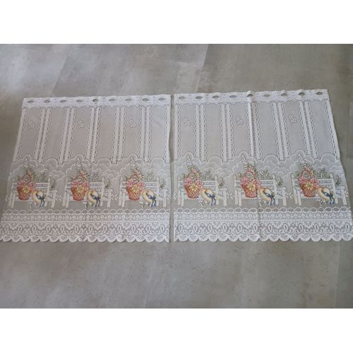 Paire De Rideaux Voile Blanc Et Imprimé Couleur 60 X 200 Neuf