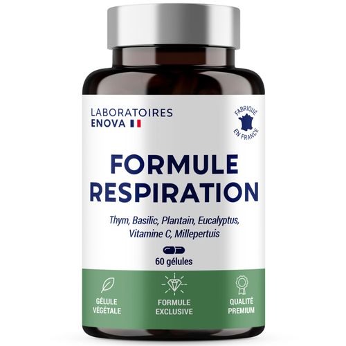 Formule Respiration | Complement Alimentaire | Thym, Basilic Sacré, Plantain Feuille, Eucalyptus, Millepertuis | Respiration | Adoucie, Apaise, Fluidifie | 60 Gélules | Fabriqué En France 